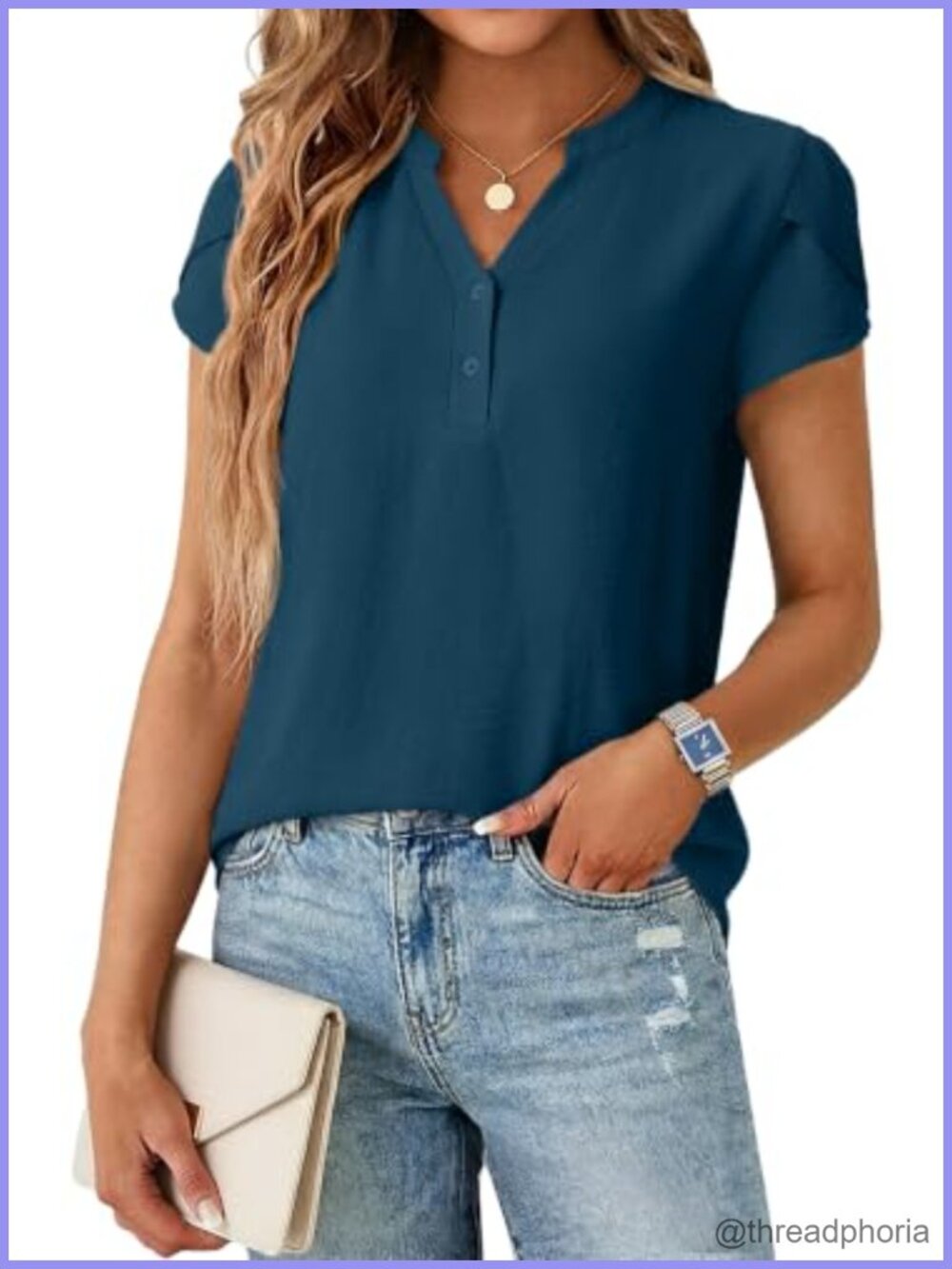 Womens Henley V Neck Blouse Cap Sleeve Business Casual Work Top